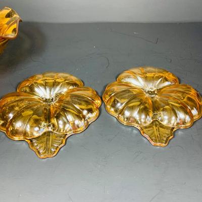 LO 232: Collection of Beautiful Amber/Marigold Art Glass - Depresion Glass Bowl, Marigold Carnival Glass Ruffled Edge Bowl and Candy...