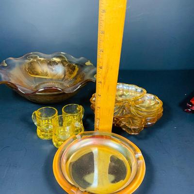 LO 232: Collection of Beautiful Amber/Marigold Art Glass - Depresion Glass Bowl, Marigold Carnival Glass Ruffled Edge Bowl and Candy...