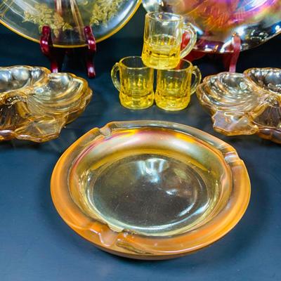LO 232: Collection of Beautiful Amber/Marigold Art Glass - Depresion Glass Bowl, Marigold Carnival Glass Ruffled Edge Bowl and Candy...