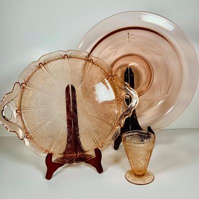 LOT 233: Collection of Pink Depression Glass - Platter, Bowl and Glass