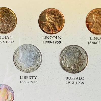 LOT 234: Wall Display of United States Coint of the 20th Centruy 1900- 1971 Includes Indian Head Penny, Barber Coins, Liberty and...