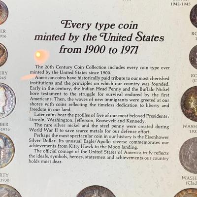 LOT 234: Wall Display of United States Coint of the 20th Centruy 1900- 1971 Includes Indian Head Penny, Barber Coins, Liberty and...