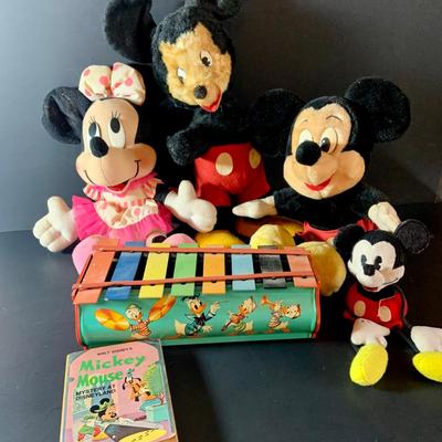 LOT 235: Disney Collections Featuring Mickey and Minnie Mouse Plushes Both Vintage and Contemporary, a Vintage Donald Duck Toy Xylophone...