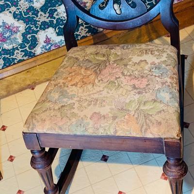 LOT236: Antique Wood Rocking Chair with Upolstered Seat and Antique Wood Sewing Box