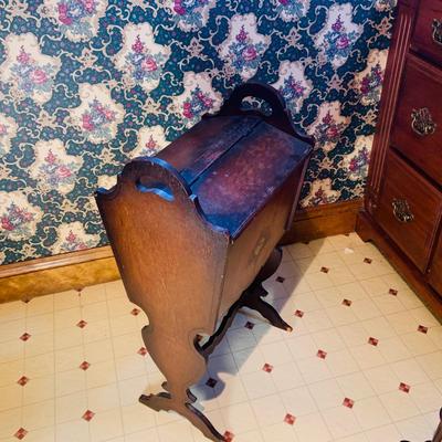 LOT236: Antique Wood Rocking Chair with Upolstered Seat and Antique Wood Sewing Box