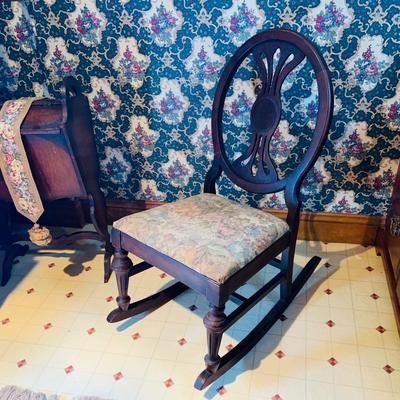 LOT236: Antique Wood Rocking Chair with Upolstered Seat and Antique Wood Sewing Box
