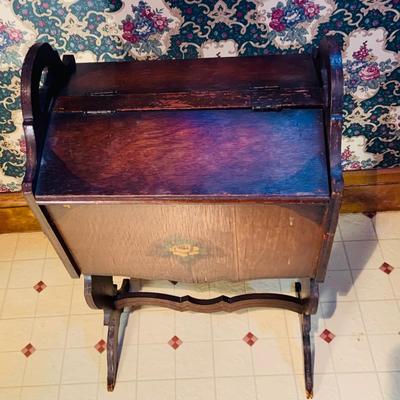 LOT236: Antique Wood Rocking Chair with Upolstered Seat and Antique Wood Sewing Box