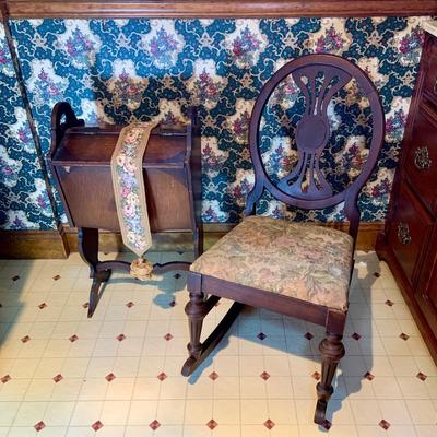 LOT236: Antique Wood Rocking Chair with Upolstered Seat and Antique Wood Sewing Box