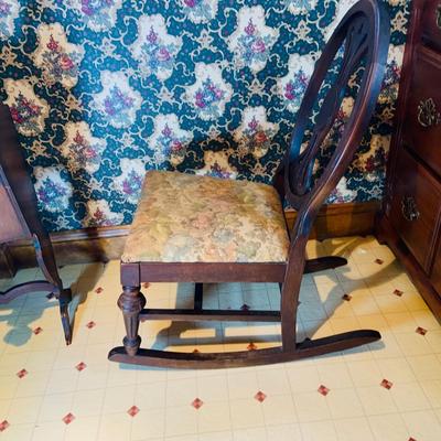LOT236: Antique Wood Rocking Chair with Upolstered Seat and Antique Wood Sewing Box