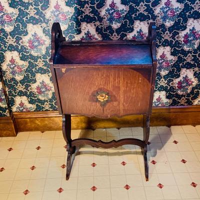 LOT236: Antique Wood Rocking Chair with Upolstered Seat and Antique Wood Sewing Box