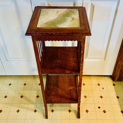 LOT 237: Vintage/Antique Three Shelf Wooden Side Table/Stand with Marble Top and Candle Holder