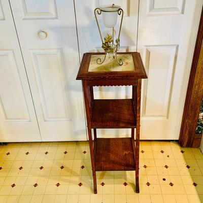LOT 237: Vintage/Antique Three Shelf Wooden Side Table/Stand with Marble Top and Candle Holder