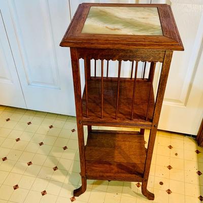 LOT 237: Vintage/Antique Three Shelf Wooden Side Table/Stand with Marble Top and Candle Holder