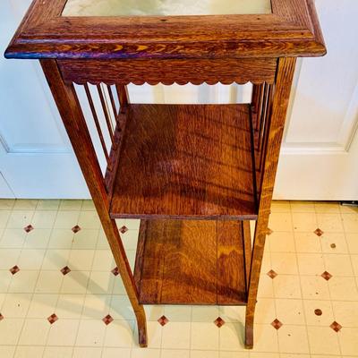 LOT 237: Vintage/Antique Three Shelf Wooden Side Table/Stand with Marble Top and Candle Holder