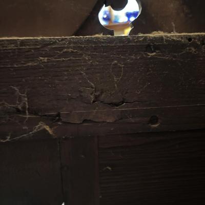 LOT 238: Beautiful Antique Wood Vanity with Mirror and Upolstered Seat