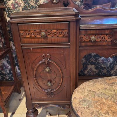 LOT 238: Beautiful Antique Wood Vanity with Mirror and Upolstered Seat