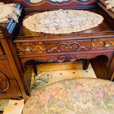 LOT 238: Beautiful Antique Wood Vanity with Mirror and Upolstered Seat
