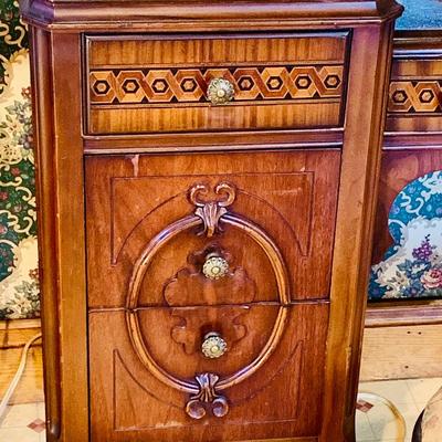 LOT 238: Beautiful Antique Wood Vanity with Mirror and Upolstered Seat