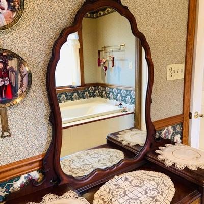 LOT 238: Beautiful Antique Wood Vanity with Mirror and Upolstered Seat