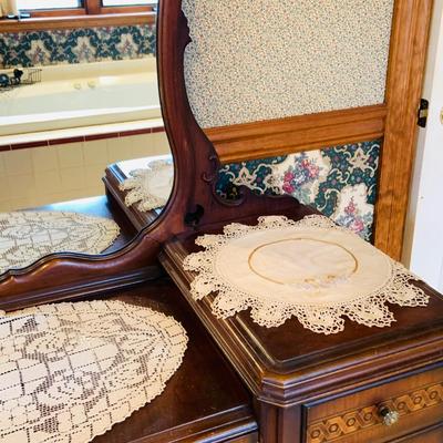 LOT 238: Beautiful Antique Wood Vanity with Mirror and Upolstered Seat