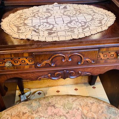 LOT 238: Beautiful Antique Wood Vanity with Mirror and Upolstered Seat