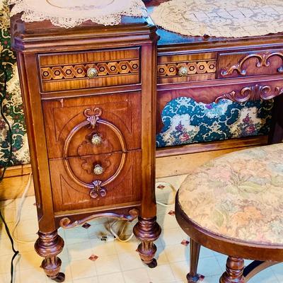 LOT 238: Beautiful Antique Wood Vanity with Mirror and Upolstered Seat
