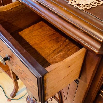 LOT 238: Beautiful Antique Wood Vanity with Mirror and Upolstered Seat