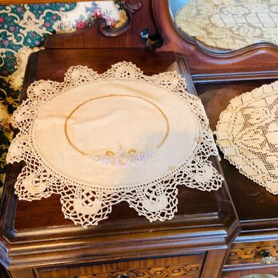 LOT 238: Beautiful Antique Wood Vanity with Mirror and Upolstered Seat