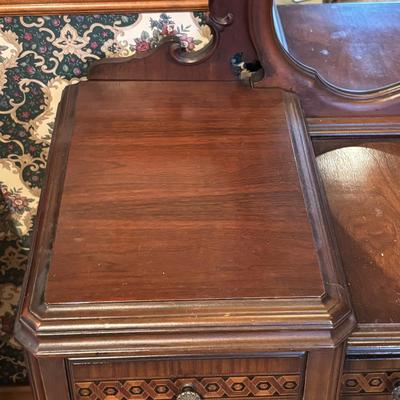 LOT 238: Beautiful Antique Wood Vanity with Mirror and Upolstered Seat