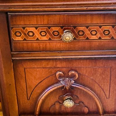 LOT 238: Beautiful Antique Wood Vanity with Mirror and Upolstered Seat