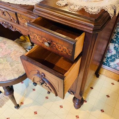 LOT 238: Beautiful Antique Wood Vanity with Mirror and Upolstered Seat