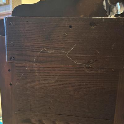 LOT 238: Beautiful Antique Wood Vanity with Mirror and Upolstered Seat