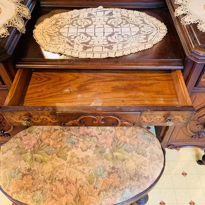 LOT 238: Beautiful Antique Wood Vanity with Mirror and Upolstered Seat