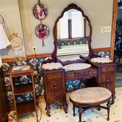 LOT 238: Beautiful Antique Wood Vanity with Mirror and Upolstered Seat