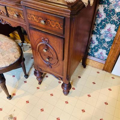 LOT 238: Beautiful Antique Wood Vanity with Mirror and Upolstered Seat