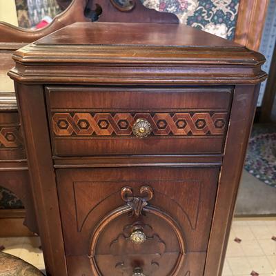 LOT 238: Beautiful Antique Wood Vanity with Mirror and Upolstered Seat