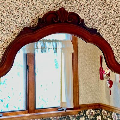 LOT 238: Beautiful Antique Wood Vanity with Mirror and Upolstered Seat