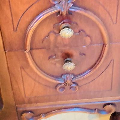 LOT 238: Beautiful Antique Wood Vanity with Mirror and Upolstered Seat