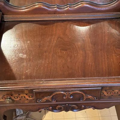 LOT 238: Beautiful Antique Wood Vanity with Mirror and Upolstered Seat