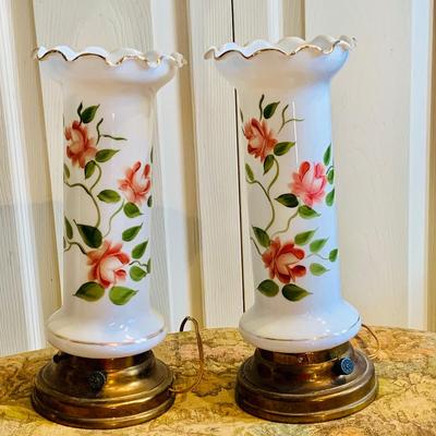 LOT 239: Set of Two (2) Vintage Victorian Bristol Style Painted Glass Lamps