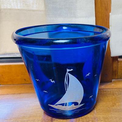 LOT 240: Collection of Cobalt Blue Art Glass - Small Pitchers, Glasses, Bottle Stoper and More