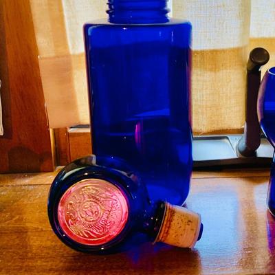 LOT 240: Collection of Cobalt Blue Art Glass - Small Pitchers, Glasses, Bottle Stoper and More