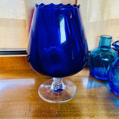 LOT 240: Collection of Cobalt Blue Art Glass - Small Pitchers, Glasses, Bottle Stoper and More