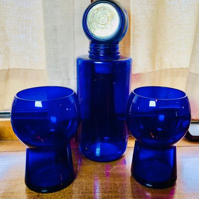 LOT 240: Collection of Cobalt Blue Art Glass - Small Pitchers, Glasses, Bottle Stoper and More