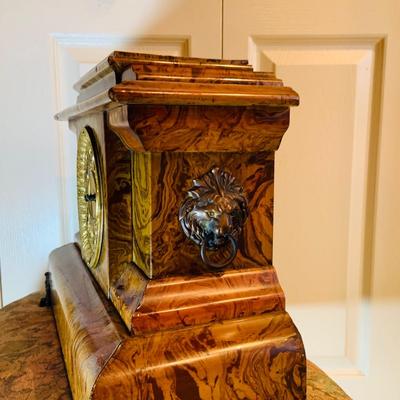 LOT 243: Antique Wood Faux Marble Seth Thomas Mechanical Mantle Clock