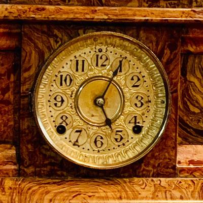 LOT 243: Antique Wood Faux Marble Seth Thomas Mechanical Mantle Clock