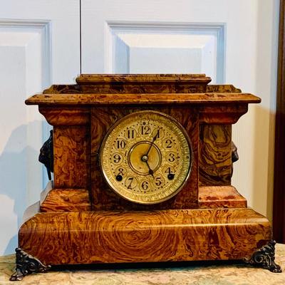 LOT 243: Antique Wood Faux Marble Seth Thomas Mechanical Mantle Clock