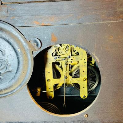 LOT 243: Antique Wood Faux Marble Seth Thomas Mechanical Mantle Clock