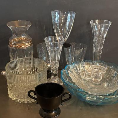 LOT 272: Elegant Crystal Collection: Waterford, Lenox, Atlas Blue Swirl Glass Serving Bowl, Water Goblets w/Black Glass Base, Black Glass...
