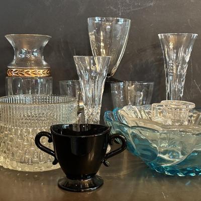 LOT 272: Elegant Crystal Collection: Waterford, Lenox, Atlas Blue Swirl Glass Serving Bowl, Water Goblets w/Black Glass Base, Black Glass...
